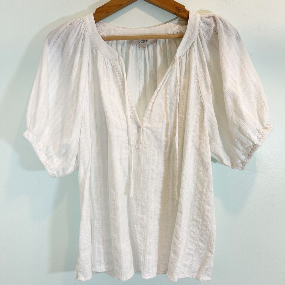 Loft Poof Sleeve White Cotton Boxy Stripe Top Size M Cottagecore Renaissance